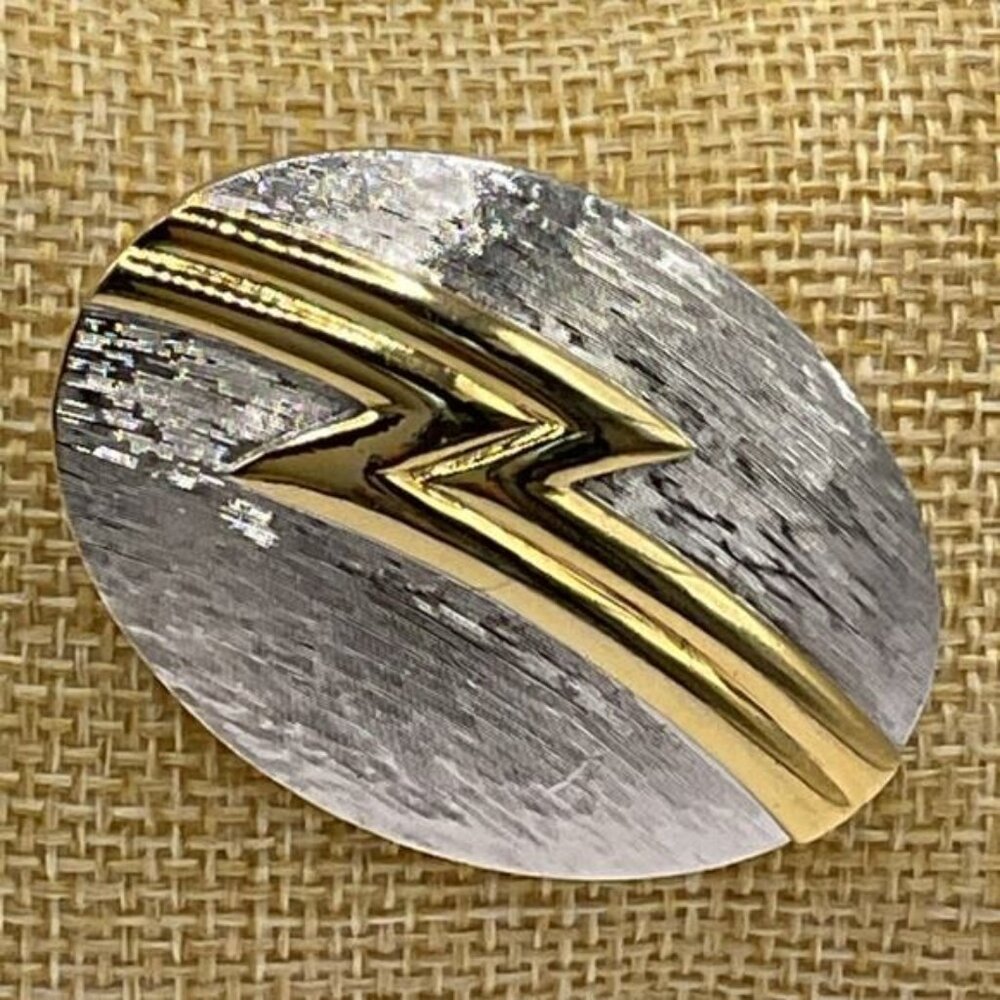 Vintage Monet Oval Brooch Pin 1970s Gold & Silver Textured Chevron Design